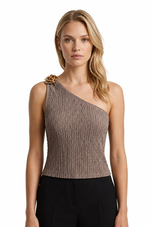 Premium - Tide Collection | Vizon Tek Omuz Çiçek Aksesuarlı Bürümcük Dokulu Kadın Crop Bluz