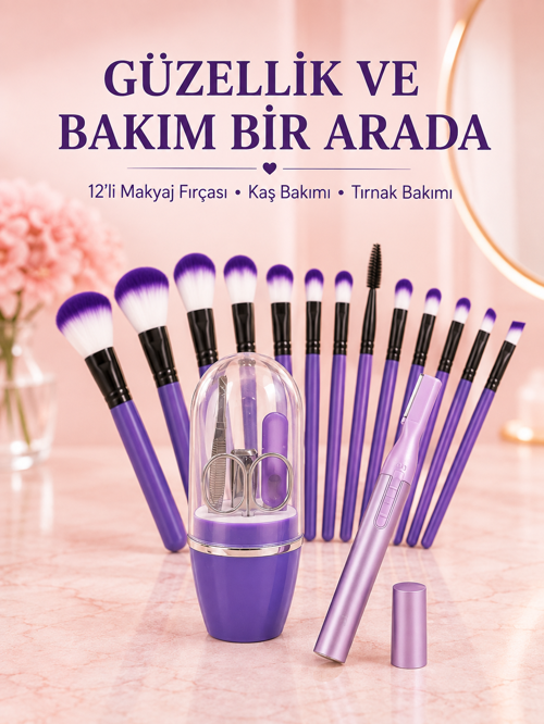 Kadın Makyaj ve Kişisel Bakım Seti 12’li Mor Makyaj Fırçası Kaş Düzeltici ve Manikür Tır