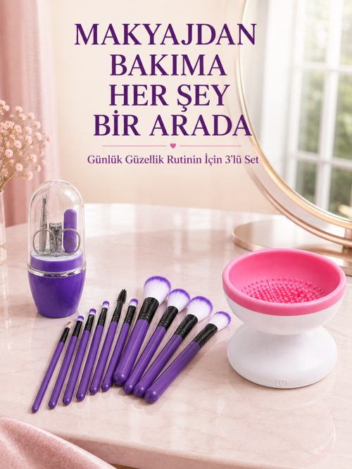 3’lü Güzellik ve Bakım Seti 12’li Mor Makyaj Fırçası Fırça Temizleme Cihazı ve Manikür