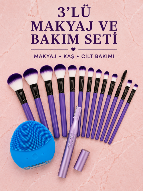 3’lü Makyaj ve Cilt Bakım Seti 12 Parça Makyaj Fırçası Kaş Alma Düzeltme ve Silikon Yüz T