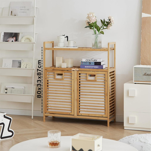 Kirli 2 Kat Organizer Raflı - 2 Bölmeli Önden Çek Aç Kalın Ahşap Bambu Kirli Çamaşır Sepet
