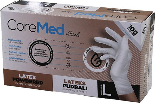 Coremed Bimel L Beden Pudralı Muayene Eldiveni 100LÜ