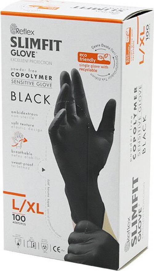 Reflex Slimfit Glove KOD-031 L-xl Siyah Pudrasız Muayene Eldiven 100LÜ