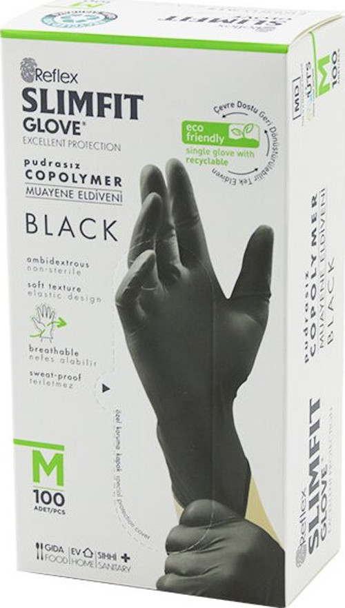 Reflex Slimfit Glove KOD-032 M Siyah Pudrasız Muayene Eldiven 100LÜ