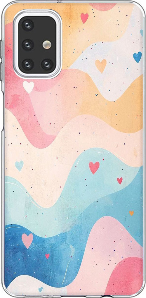 Samsung Galaxy M31s Uyumlu Pastel Renkli Dalgalı ve Kalp Baskılı Silikon Kılıf