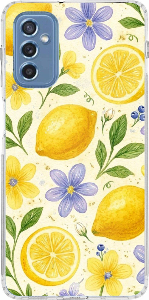 Samsung Galaxy M52 Uyumlu Sulu Boya Limon ve Çiçek Desenli Baskılı Silikon Kılıf