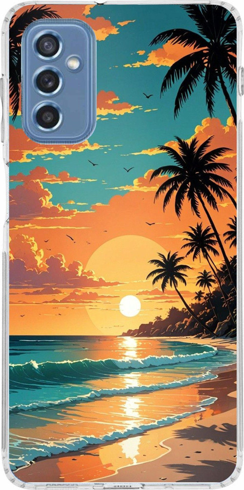 Samsung Galaxy M52 Uyumlu Tropikal Sahil ve Gün Batımı Baskılı Silikon Kılıf