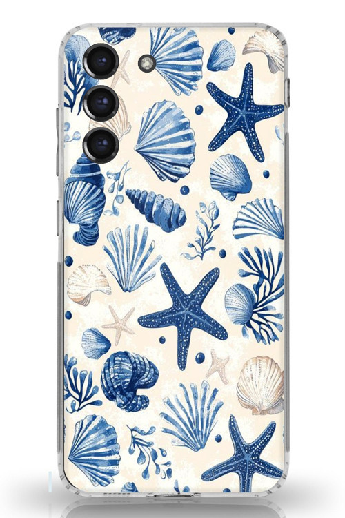 Samsung Galaxy S21 FE Uyumlu Mavi Deniz Kabuğu ve Yıldız Desenli Baskılı Silikon Kılıf