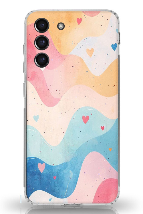 Samsung Galaxy S21 FE Uyumlu Pastel Renkli Dalgalı ve Kalp Baskılı Silikon Kılıf