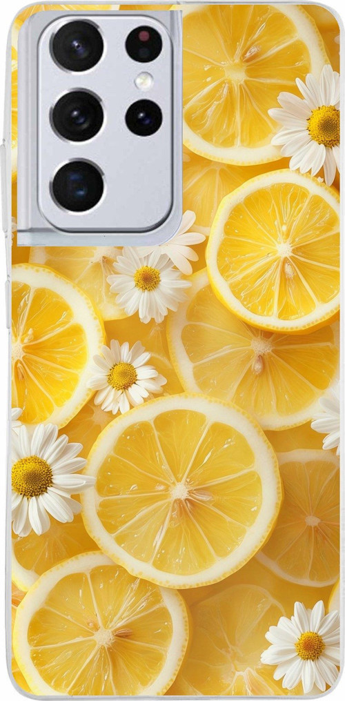 Samsung Galaxy S21 ULTRA Uyumlu Limon Dilimleri ve Papatya Desenli Baskılı Silikon Kılıf
