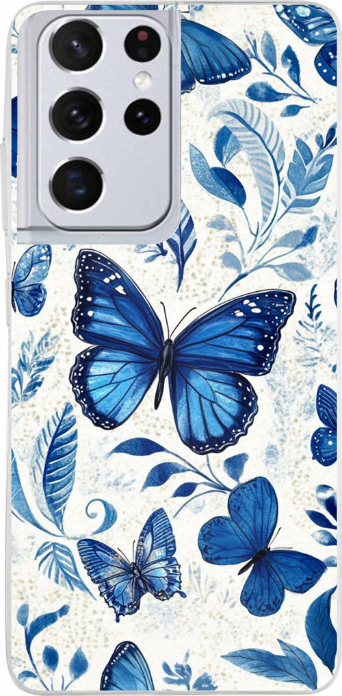 Samsung Galaxy S21 ULTRA Uyumlu Mavi Kelebekler Baskılı Silikon Kılıf