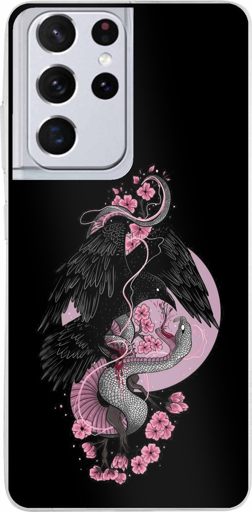 Samsung Galaxy S21 ULTRA Uyumlu Pembe Siyah Yılan Baskılı Silikon Kılıf