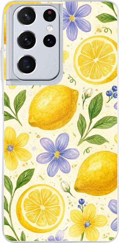 Samsung Galaxy S21 ULTRA Uyumlu Sulu Boya Limon ve Çiçek Desenli Baskılı Silikon Kılıf