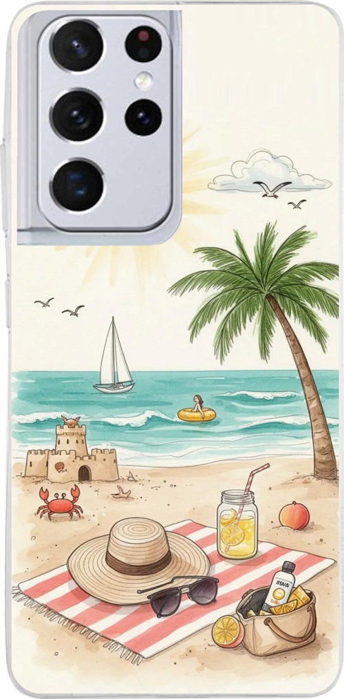 Samsung Galaxy S21 ULTRA Uyumlu Sulu Boya Sahil ve Deniz Manzaralı Baskılı Silikon Kılıf