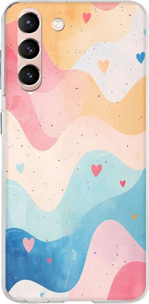 Samsung Galaxy S21 Uyumlu Pastel Renkli Dalgalı ve Kalp Baskılı Silikon Kılıf
