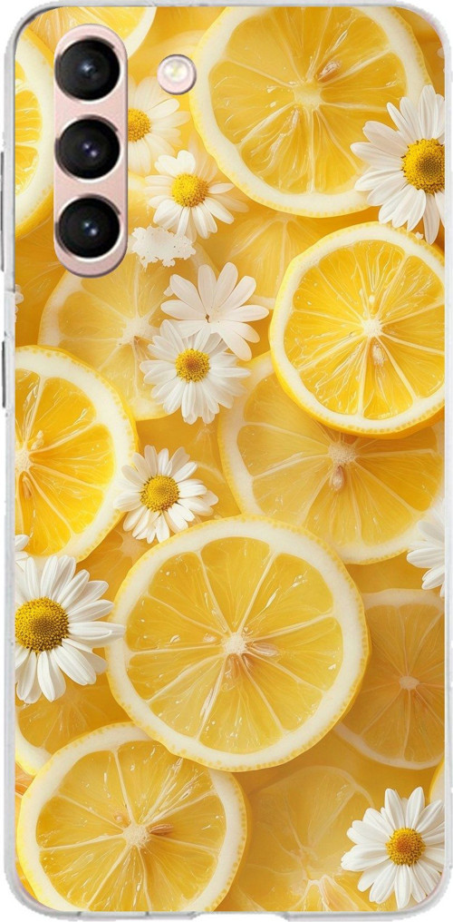 Samsung Galaxy S21 Uyumlu Limon Dilimleri ve Papatya Desenli Baskılı Silikon Kılıf