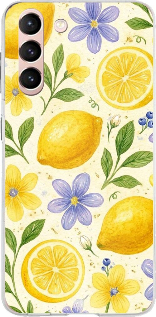 Samsung Galaxy S21 Uyumlu Sulu Boya Limon ve Çiçek Desenli Baskılı Silikon Kılıf