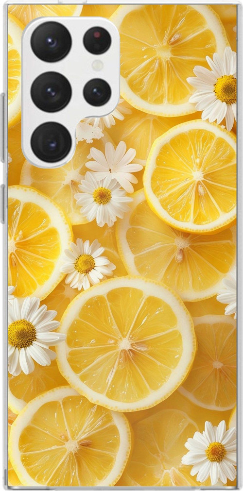 Samsung Galaxy S22 Ultra Uyumlu Limon Dilimleri ve Papatya Desenli Baskılı Silikon Kılıf