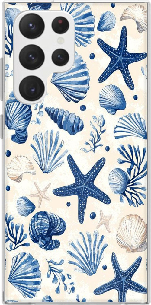 Samsung Galaxy S22 Ultra Uyumlu Mavi Deniz Kabuğu ve Yıldız Desenli Baskılı Silikon Kılıf