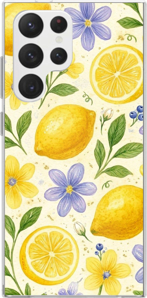 Samsung Galaxy S22 Ultra Uyumlu Sulu Boya Limon ve Çiçek Desenli Baskılı Silikon Kılıf