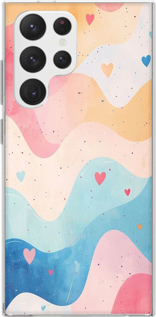 Samsung Galaxy S22 Ultra Uyumlu Pastel Renkli Dalgalı ve Kalp Baskılı Silikon Kılıf