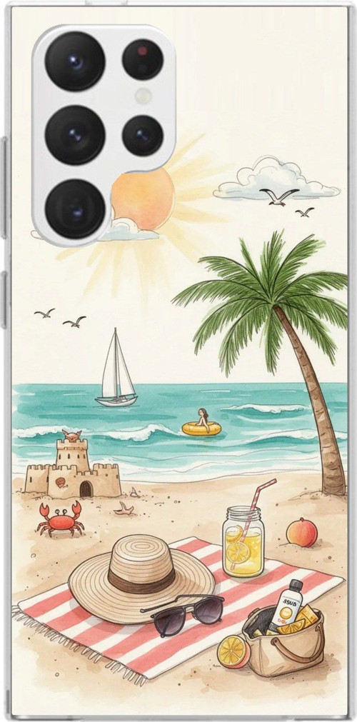 Samsung Galaxy S22 Ultra Uyumlu Sulu Boya Sahil ve Deniz Manzaralı Baskılı Silikon Kılıf