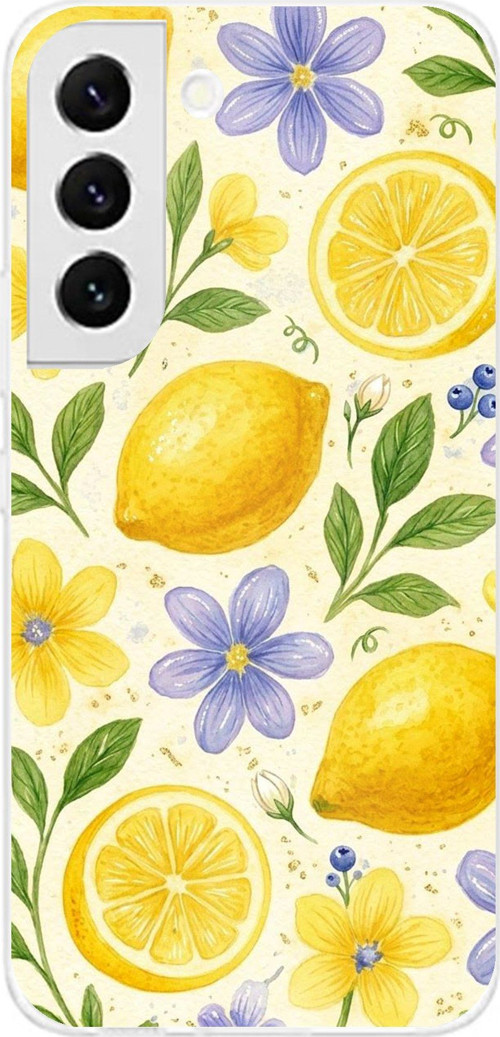 Samsung Galaxy S22 Uyumlu Sulu Boya Limon ve Çiçek Desenli Baskılı Silikon Kılıf