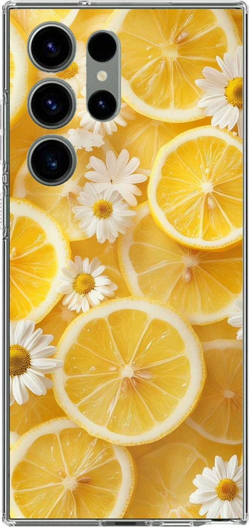 Samsung Galaxy S23 ULTRA Uyumlu Limon Dilimleri ve Papatya Desenli Baskılı Silikon Kılıf