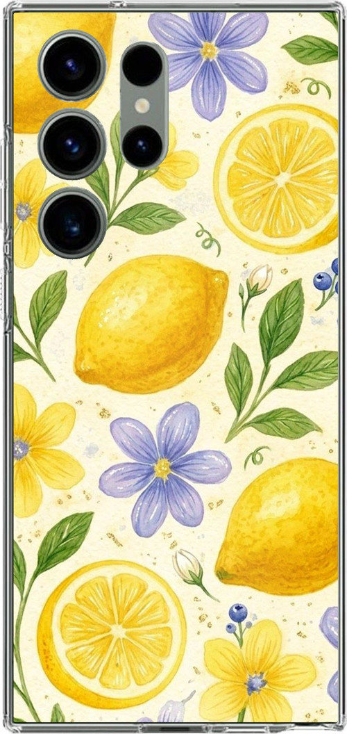 Samsung Galaxy S23 ULTRA Uyumlu Sulu Boya Limon ve Çiçek Desenli Baskılı Silikon Kılıf