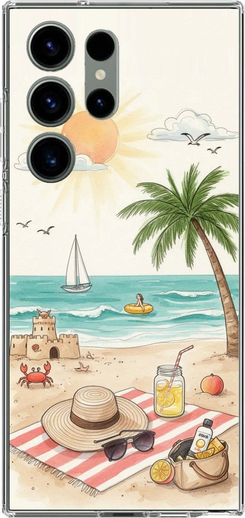 Samsung Galaxy S23 ULTRA Uyumlu Sulu Boya Sahil ve Deniz Manzaralı Baskılı Silikon Kılıf
