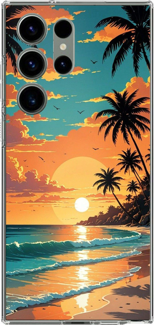 Samsung Galaxy S23 ULTRA Uyumlu Tropikal Sahil ve Gün Batımı Baskılı Silikon Kılıf