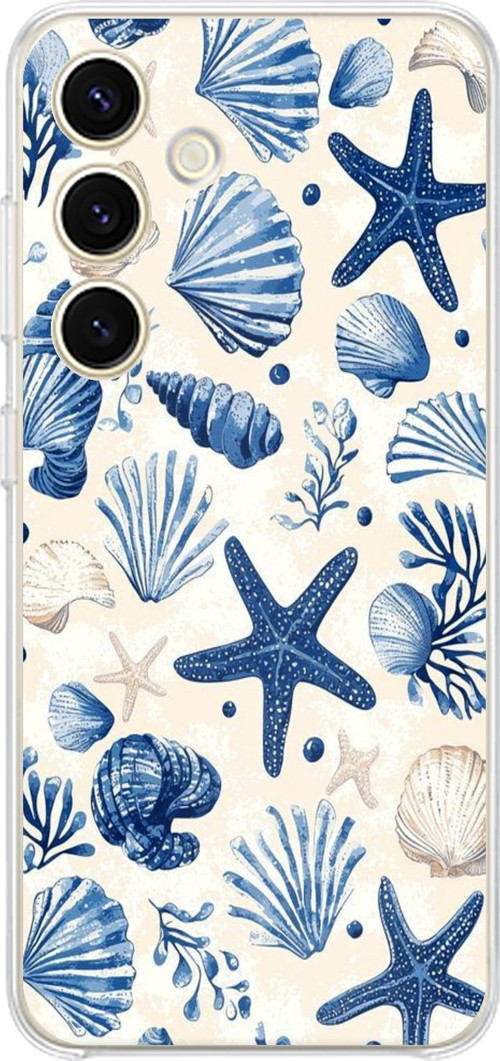 Samsung Galaxy S24 - S25 Uyumlu Mavi Deniz Kabuğu ve Yıldız Desenli Baskılı Silikon Kılıf