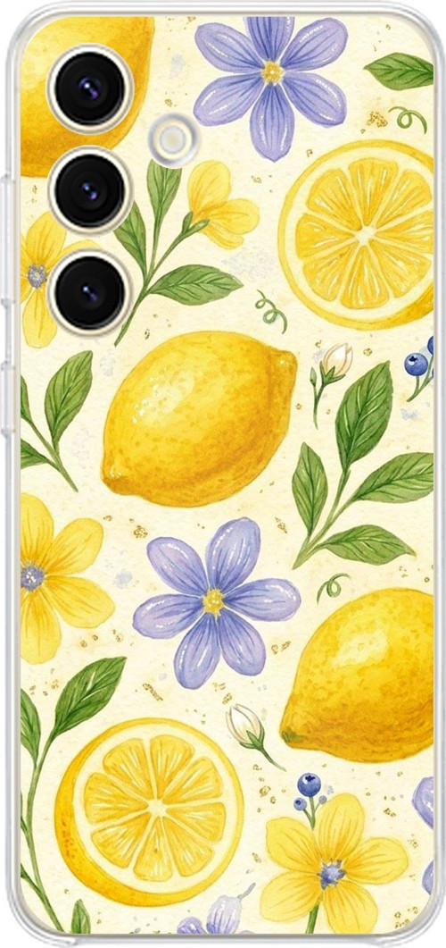 Samsung Galaxy S24 - S25 Uyumlu Sulu Boya Limon ve Çiçek Desenli Baskılı Silikon Kılıf