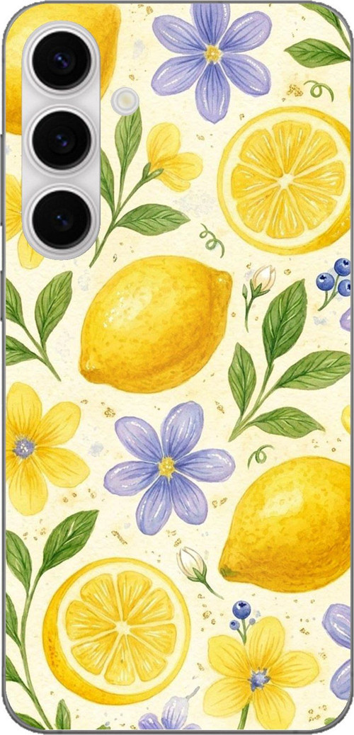 Samsung Galaxy S24 FE Uyumlu Sulu Boya Limon ve Çiçek Desenli Baskılı Silikon Kılıf