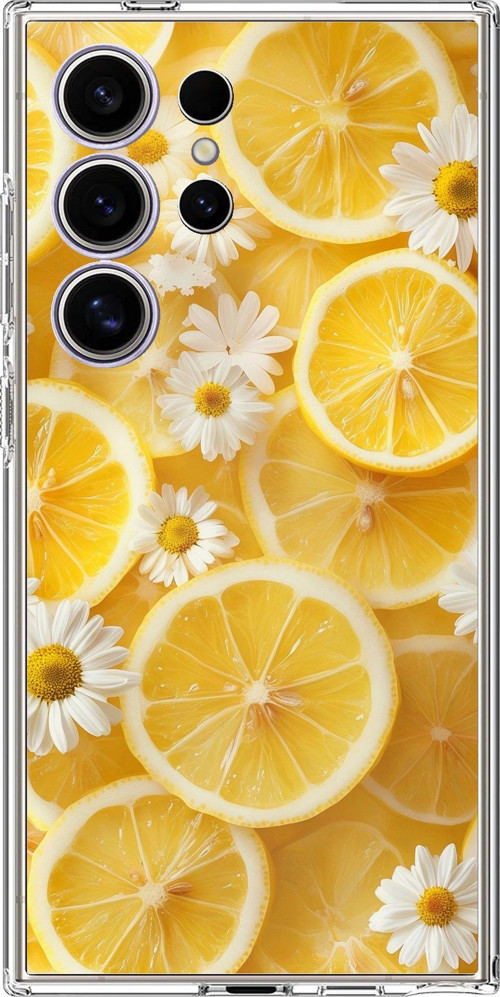 Samsung Galaxy S24 ULTRA Uyumlu Limon Dilimleri ve Papatya Desenli Baskılı Silikon Kılıf