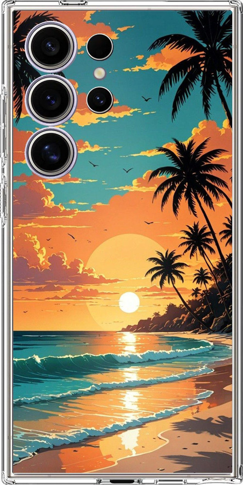 Samsung Galaxy S24 ULTRA Uyumlu Tropikal Sahil ve Gün Batımı Baskılı Silikon Kılıf