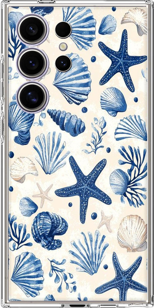 Samsung Galaxy S24 ULTRA Uyumlu Mavi Deniz Kabuğu ve Yıldız Desenli Baskılı Silikon Kılıf