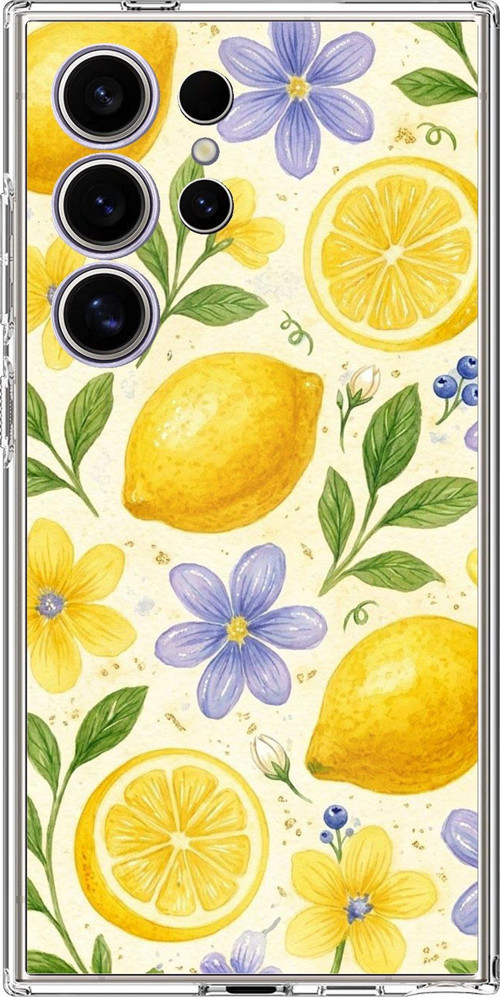 Samsung Galaxy S24 ULTRA Uyumlu Sulu Boya Limon ve Çiçek Desenli Baskılı Silikon Kılıf