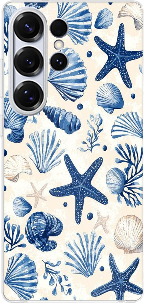Samsung Galaxy S25 ULTRA Uyumlu Mavi Deniz Kabuğu ve Yıldız Desenli Baskılı Silikon Kılıf