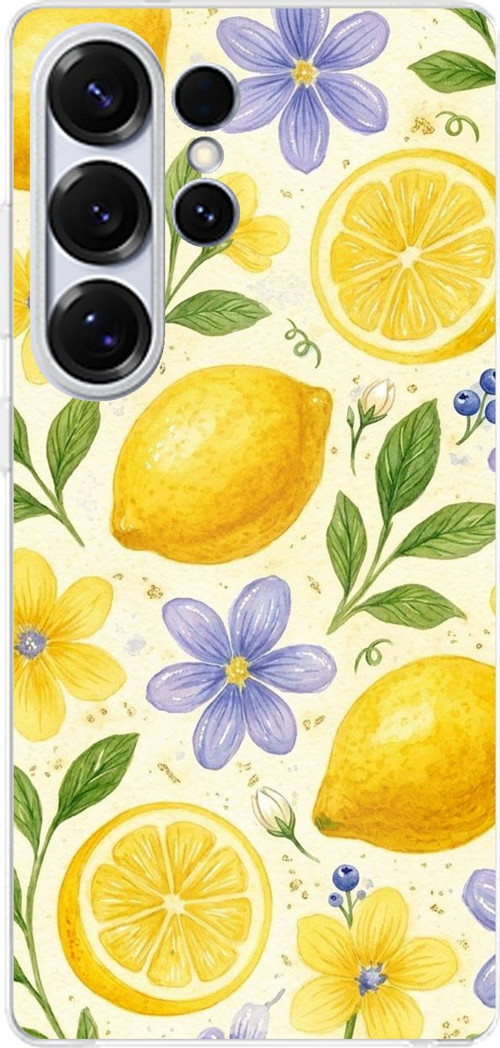 Samsung Galaxy S25 ULTRA Uyumlu Sulu Boya Limon ve Çiçek Desenli Baskılı Silikon Kılıf
