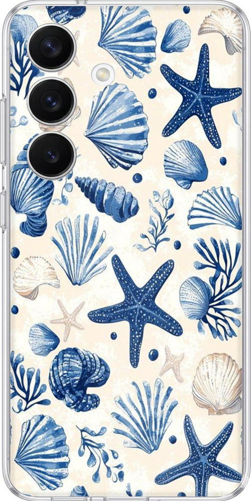 Samsung Galaxy S26 Uyumlu Mavi Deniz Kabuğu ve Yıldız Desenli Baskılı Silikon Kılıf