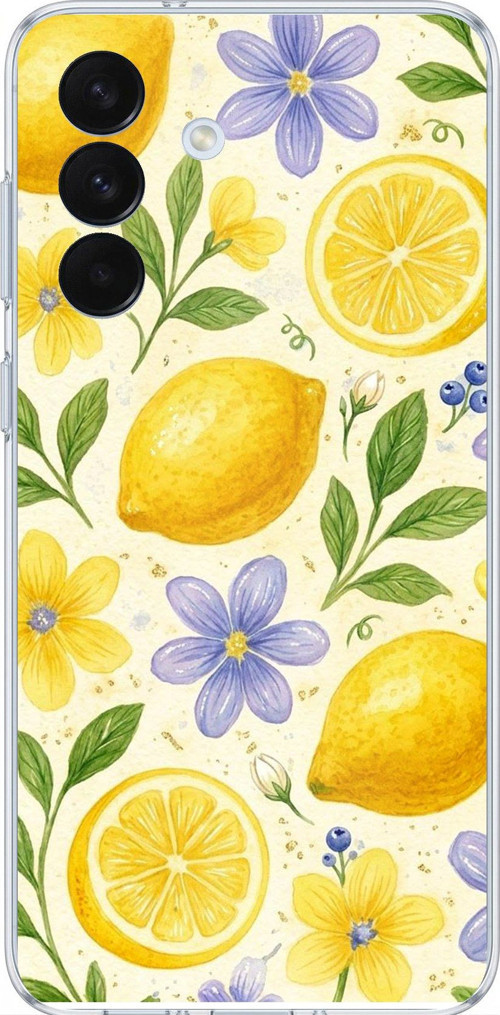 Samsung Galaxy S26+ PLUS Uyumlu Sulu Boya Limon ve Çiçek Desenli Baskılı Silikon Kılıf