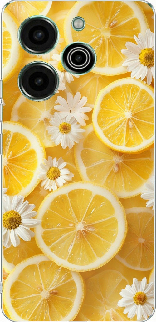 Tecno Pova 6 Pro Uyumlu Limon Dilimleri ve Papatya Desenli Baskılı Silikon Kılıf