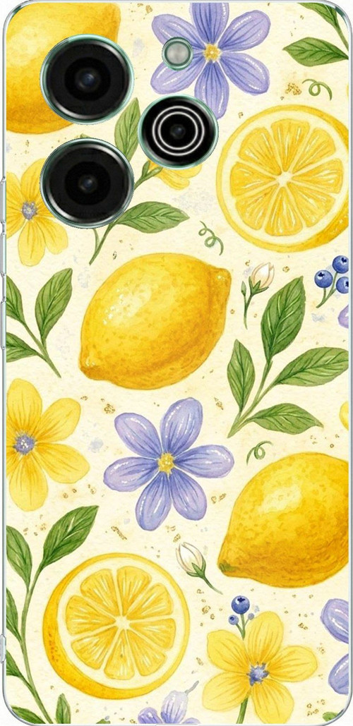 Tecno Pova 6 Pro Uyumlu Sulu Boya Limon ve Çiçek Desenli Baskılı Silikon Kılıf