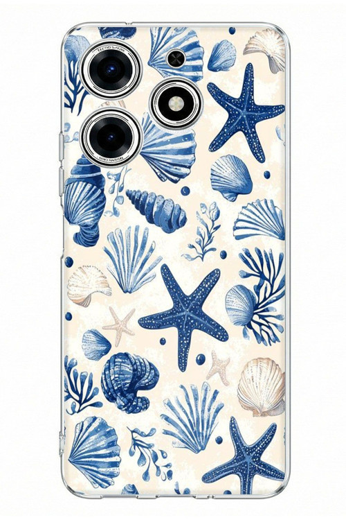 Tecno Spark 10 Pro Uyumlu Mavi Deniz Kabuğu ve Yıldız Desenli Baskılı Silikon Kılıf