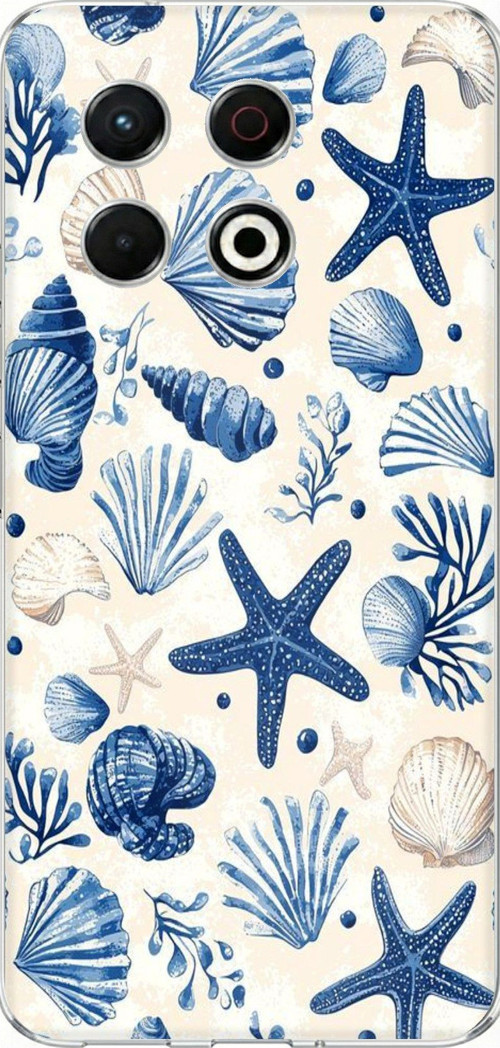 Tecno Spark 30 Pro Uyumlu Mavi Deniz Kabuğu ve Yıldız Desenli Baskılı Silikon Kılıf