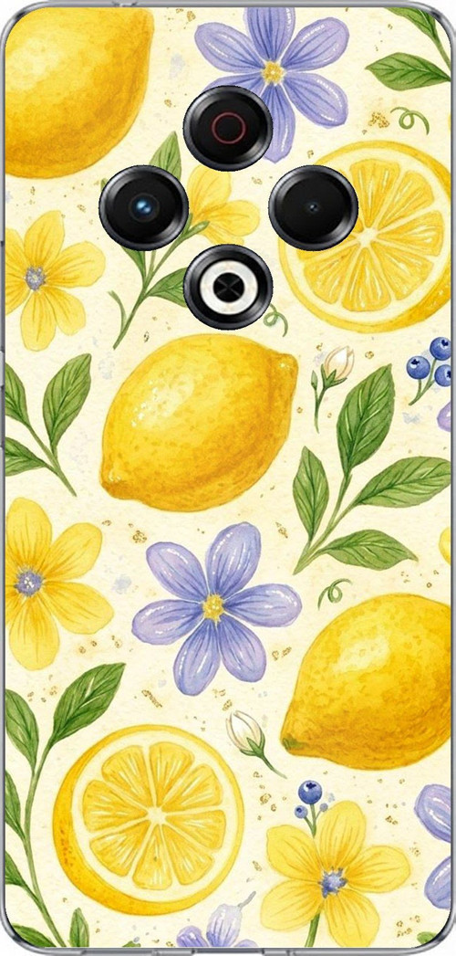 Tecno Spark 30 Uyumlu Sulu Boya Limon ve Çiçek Desenli Baskılı Silikon Kılıf