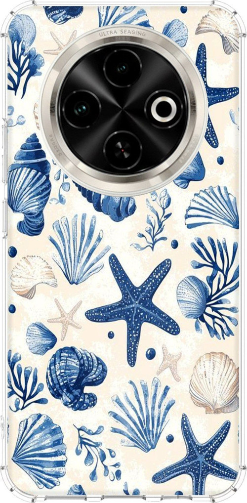 Tecno Spark 30C Uyumlu Mavi Deniz Kabuğu ve Yıldız Desenli Baskılı Silikon Kılıf
