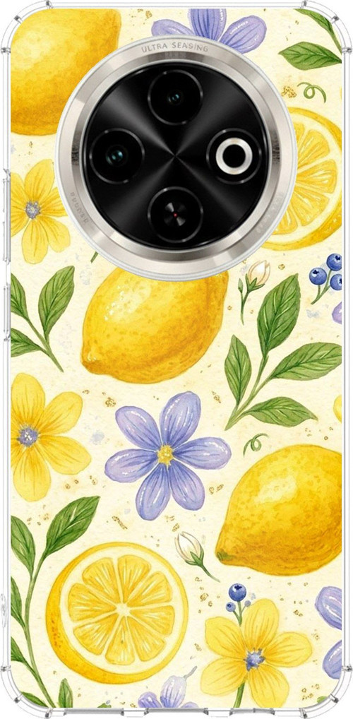 Tecno Spark 30C Uyumlu Sulu Boya Limon ve Çiçek Desenli Baskılı Silikon Kılıf