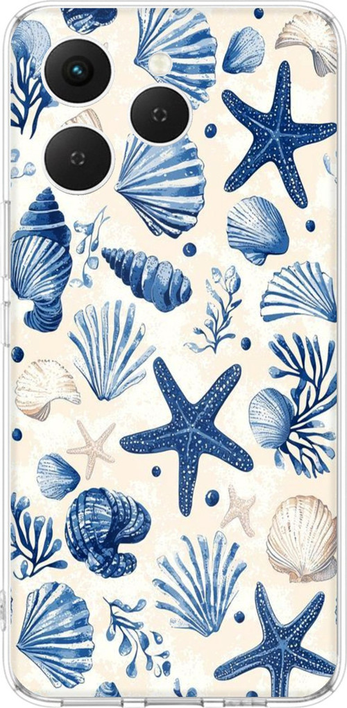 Tecno Spark 40 Uyumlu Mavi Deniz Kabuğu ve Yıldız Desenli Baskılı Silikon Kılıf